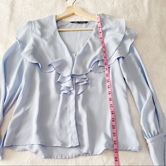 Zara Soft Blue Ruffle Neck Button Down Flared Sleeve Blouse - Picture 8 of 11